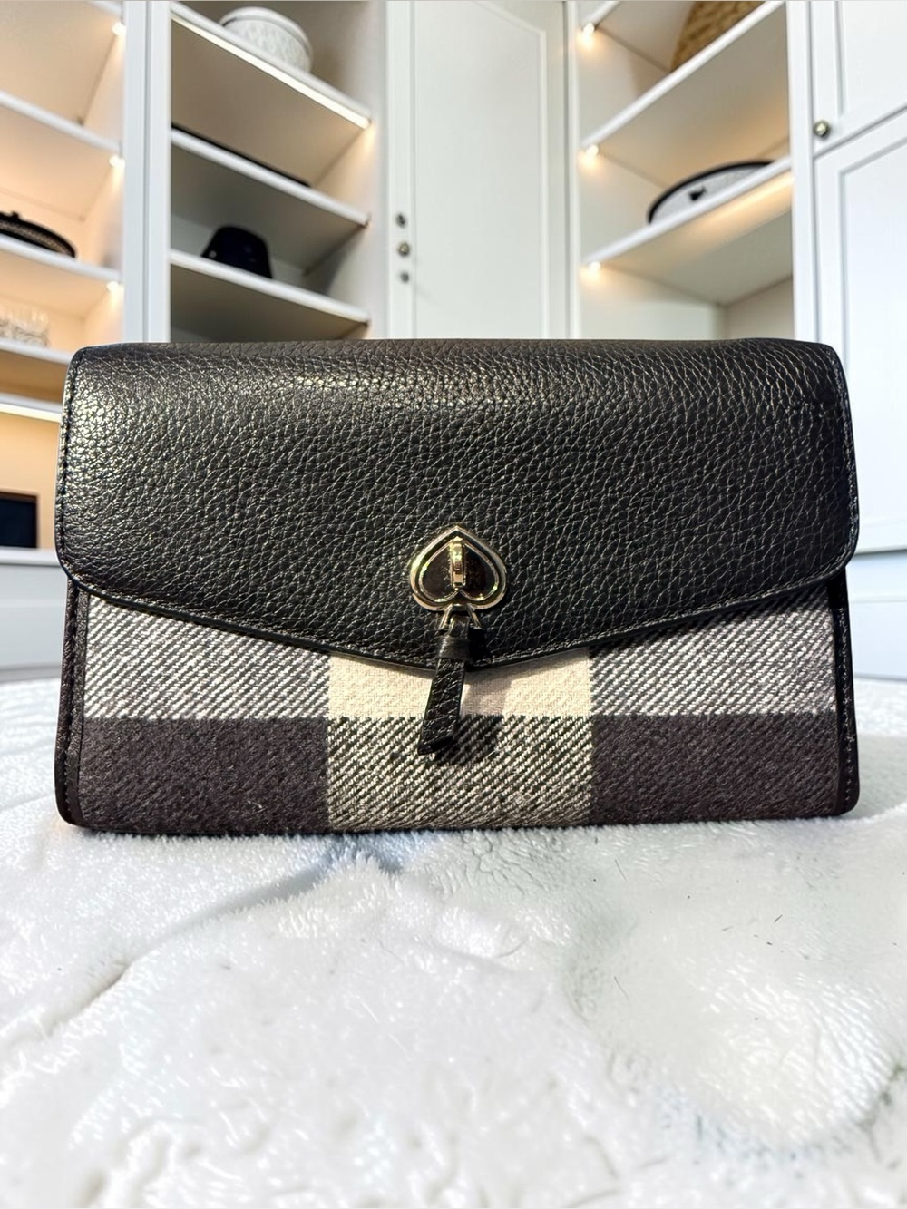 kate spade Black and Cream Plaid Leather Flap Clutch